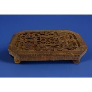 Vintage Carved Wood Footed Trivet Ornate Reticulated Floral Honeycomb 4"x6"